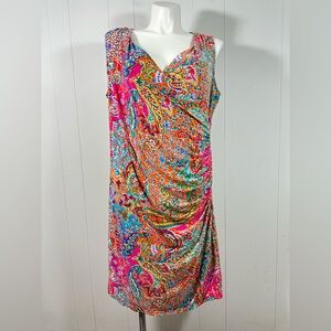Lauren Ralph Lauren Plus Size 2X Paisley Faux Wrap Ruched Dress Sleeveless Vneck